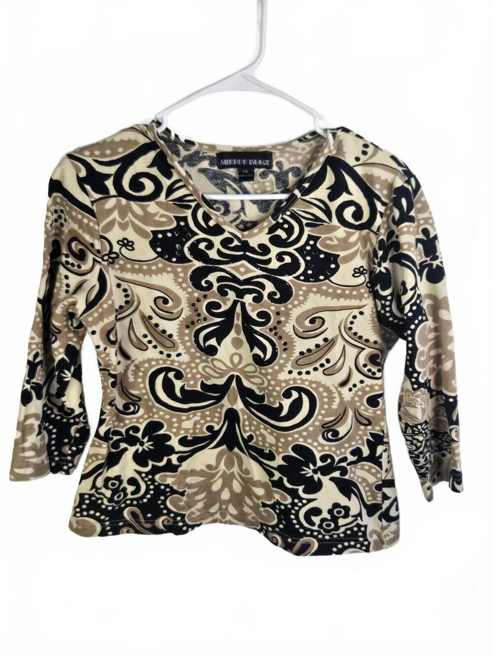 Mirror Image Women's Beige and Black Patterned Cotton Top PM